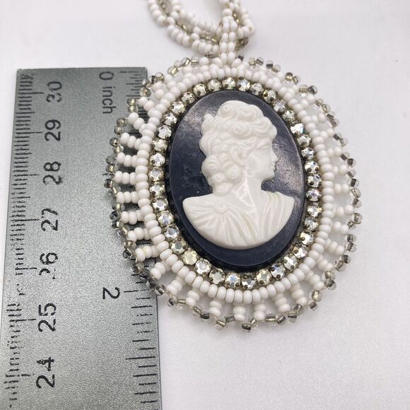 Vintage Seed Bead Cameo Set Necklace Earrings NEEDS REPAIR beautiful Unique - Picture 11 of 12